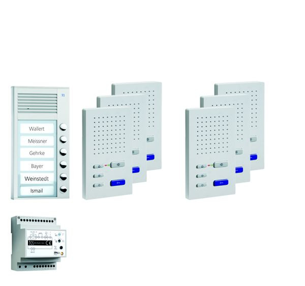 Sistema de control de puerta TCS audio: paquete AP para 6 unidades residenciales, con estación exterior PAK 6 botones de timbre, 6 altavoces manos libres ISW3030, unidad de control BVS20, PPAF06-EN / 02